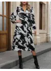 Kadın Uzun Kollu Kruvaze Yakalı Yandan Bağlamalı Desenli Mini Modal Elbise