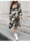 Kadın Uzun Kollu Kruvaze Yakalı Yandan Bağlamalı Desenli Mini Modal Elbise