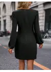 Kadın Uzun Kollu Kruvaze Yakalı Yanlardan Büzgü Detaylı Ithal Krep Kısa Elbise