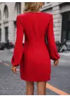 Kadın Uzun Kollu Kruvaze Yakalı Yanlardan Büzgü Detaylı Ithal Krep Kısa Elbise