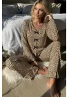 Kadın Uzun Kollu Leopar Desenli Fiyonklu Ev Giyim Pijama Takımı