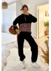 Kadın Uzun Kollu Leopar Detay Sweat Ve Yanı Leopar şerit Detay Pantolon Ikili Takım