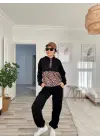 Kadın Uzun Kollu Leopar Detay Sweat Ve Yanı Leopar şerit Detay Pantolon Ikili Takım