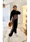 Kadın Uzun Kollu Leopar Detay Sweat Ve Yanı Leopar şerit Detay Pantolon Ikili Takım