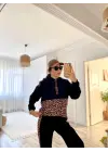 Kadın Uzun Kollu Leopar Detay Sweat Ve Yanı Leopar şerit Detay Pantolon Ikili Takım