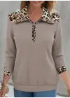 Kadın Uzun Kollu Leopar Yakalı Fermuarlı Waffle Bluz
