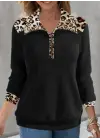 Kadın Uzun Kollu Leopar Yakalı Fermuarlı Waffle Bluz