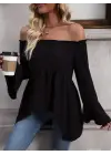 Kadın Uzun Kollu Madonna Yaka Asimetrik Detaylı Kolları Ispanyol Viskon Bluz