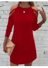 Kadın Uzun Kollu Omuz Açık Askı Detay Viskon Mini Boy Elbise
