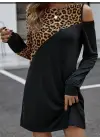 Kadın Uzun Kollu Omuzdan Açık Leopar Desenli Viskon Iki Iplik Mini Elbise