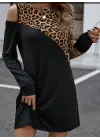 Kadın Uzun Kollu Omuzdan Açık Leopar Desenli Viskon Iki Iplik Mini Elbise