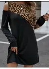 Kadın Uzun Kollu Omuzdan Açık Leopar Desenli Viskon Iki Iplik Mini Elbise