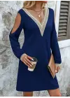 Kadın Uzun Kollu Omuzdan Açık V Dantel Yakalı Mini Waffle Elbise