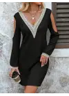 Kadın Uzun Kollu Omuzdan Açık V Dantel Yakalı Mini Waffle Elbise