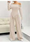 Kadın Uzun Kollu Omuzlardan Açık Asimetrik Kesim Kaşkorse Bluz Ve Pantolon Ikili Pantolon