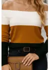 Kadın Uzun Kollu Omuzlardan Açık Uzun Kollu Blok çizgili Triko Bluz