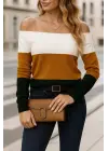 Kadın Uzun Kollu Omuzlardan Açık Uzun Kollu Blok çizgili Triko Bluz
