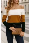 Kadın Uzun Kollu Omuzlardan Açık Uzun Kollu Blok çizgili Triko Bluz