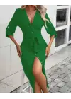Kadın Uzun Kollu önden Düğmeli Beli Kuşaklı Aerobin Midi Elbise