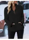 Kadın Uzun Kollu önden Fermuarlı Cepli Peluş Sweat