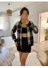 Kadın Uzun Kollu önden Fermuarlı Ekose Desenli Ceket
