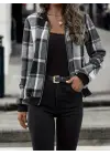 Kadın Uzun Kollu önden Fermuarlı Ekose Desenli Ceket