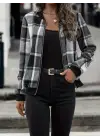 Kadın Uzun Kollu önden Fermuarlı Ekose Desenli Ceket