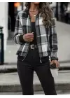 Kadın Uzun Kollu önden Fermuarlı Ekose Desenli Ceket