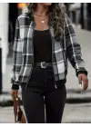 Kadın Uzun Kollu önden Fermuarlı Ekose Desenli Ceket