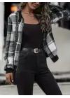 Kadın Uzun Kollu önden Fermuarlı Ekose Desenli Ceket