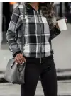 Kadın Uzun Kollu önden Fermuarlı Ekose Desenli Ceket