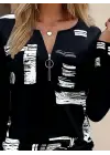Kadın Uzun Kollu önden Fermuarlı Geometrik Desenli Süprem Bluz