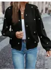Kadın Uzun Kollu önden Fermuarlı Incili Kısa Modal Ceket