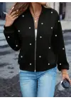 Kadın Uzun Kollu önden Fermuarlı Incili Kısa Modal Ceket