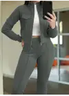Kadın Uzun Kollu önden Fermuarlı Kısa Modal Ceket Ve Pantolon Ikili Takım