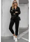 Kadın Uzun Kollu önden Fermuarlı Krop Kadife Ceket Ve Pantolon Ikili Takım