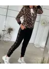 Kadın Uzun Kollu önden Fermuarlı Leopar Desen Detaylı Viskon Iki Iplik Bluz Ve Pantolon Ikili Takım