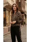 Kadın Uzun Kollu önden Fermuarlı Leopar Desen Detaylı Viskon Iki Iplik Bluz Ve Pantolon Ikili Takım