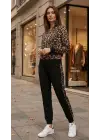 Kadın Uzun Kollu önden Fermuarlı Leopar Desen Detaylı Viskon Iki Iplik Bluz Ve Pantolon Ikili Takım