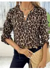 Kadın Uzun Kollu önden Fermuarlı Leopar Desenli Modal Bluz