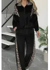 Kadın Uzun Kollu önden Fermuarlı Leopar Detaylı Kadife Bluz Ve Pantolon Ikili Takım