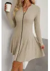 Kadın Uzun Kollu önden Fermuarlı Pileli şardonlu Kaşkorse Mini Elbise