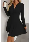 Kadın Uzun Kollu önden Fermuarlı Pileli şardonlu Kaşkorse Mini Elbise