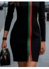 Kadın Uzun Kollu önden Tam Boy Fermuarlı Renkli şerit Detaylı Viskon Iki Iplik Mini Elbise