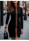 Kadın Uzun Kollu önden Tam Boy Fermuarlı Renkli şerit Detaylı Viskon Iki Iplik Mini Elbise