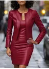 Kadın Uzun Kollu önü Açık Deri Ceket Ve Askılı Yuvarlak Yakalı Mini Elbise Ikili Takım