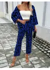 Kadın Uzun Kollu önü Açık Desenli Iki Iplik Ceket Ve Pantolon Ikili Takım