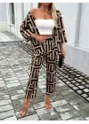 Kadın Uzun Kollu önü Açık Desenli Iki Iplik Ceket Ve Pantolon Ikili Takım