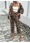 Kadın Uzun Kollu önü Açık Desenli Iki Iplik Ceket Ve Pantolon Ikili Takım