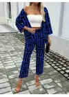 Kadın Uzun Kollu önü Açık Desenli Iki Iplik Ceket Ve Pantolon Ikili Takım